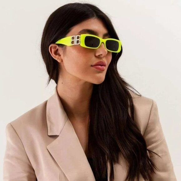 Balenciaga BB0096S 008 BRAND NEW Sunglasses Yellow Silver Grey Rectangle Unisex - Picture 1 of 14